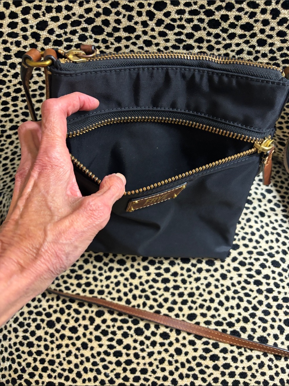 Frye Black Crossbody with Brown Leather Trim and Gold Hardware - Picture 4 of 7